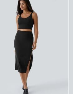 HALARA Black Ribbed Elastic Waist Pencil Body Con Skirt Below Knee Length